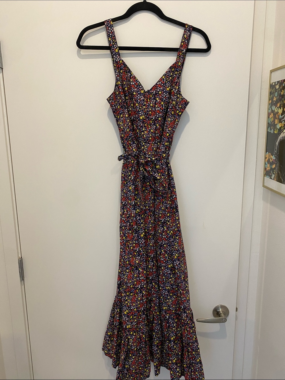 J. Crew Navy Floral V-Neck Maxi Dress with Tie Waist